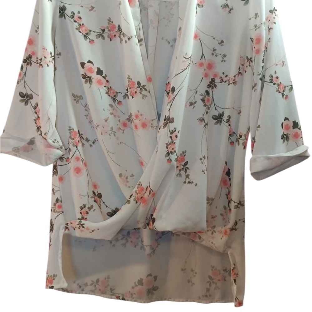 New York & Company Light Blue Floral Wrap Tunic with Pink Roses